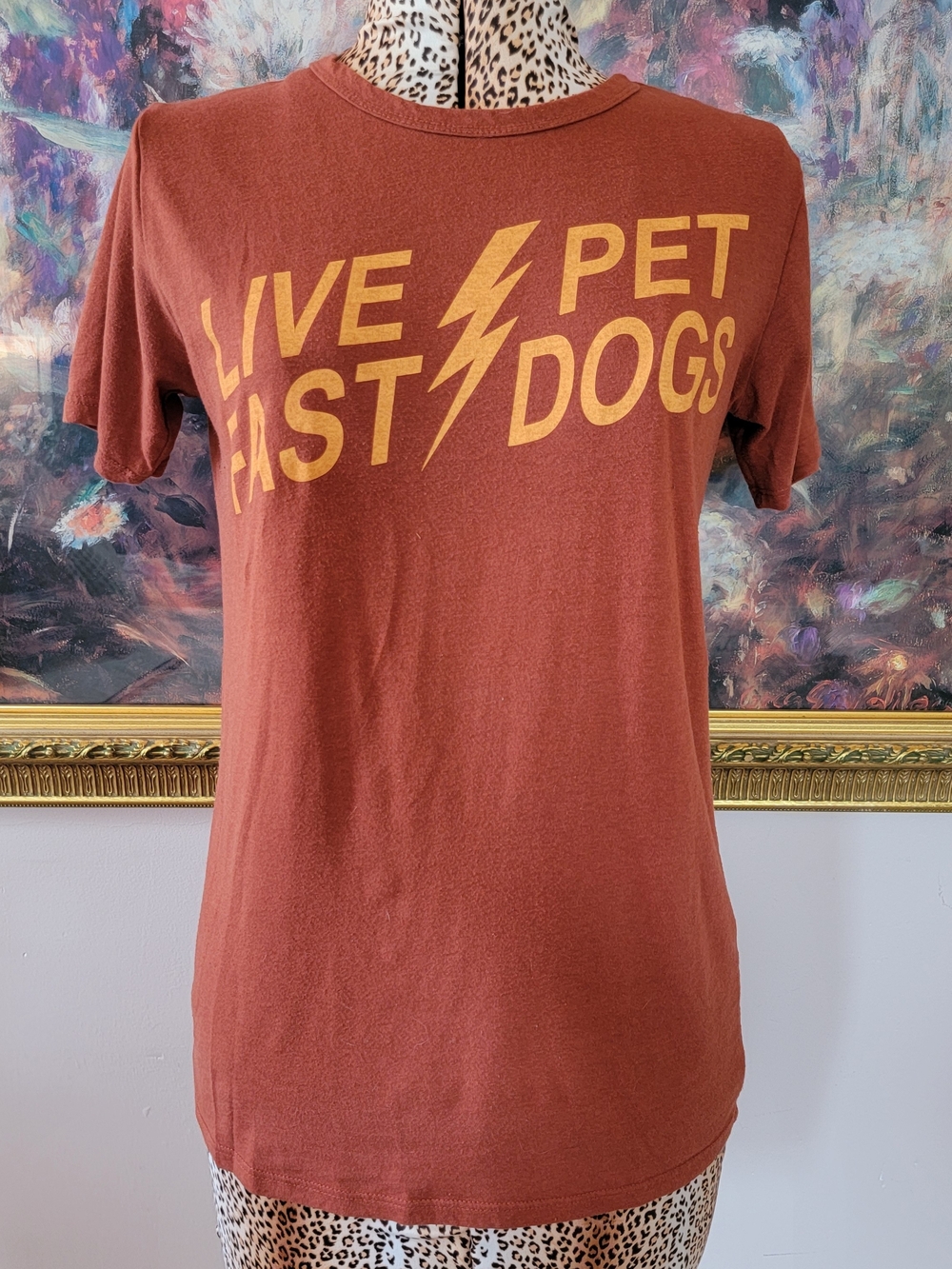 Live Fast Pet Dogs Graphic Tee - Rust with Yellow Print